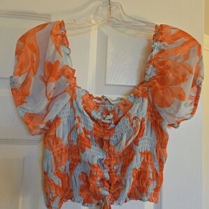 Olivaceous Orange and Blue Floral Boho Blouse, Med., Sheer,  Scoop Neck, Cropped